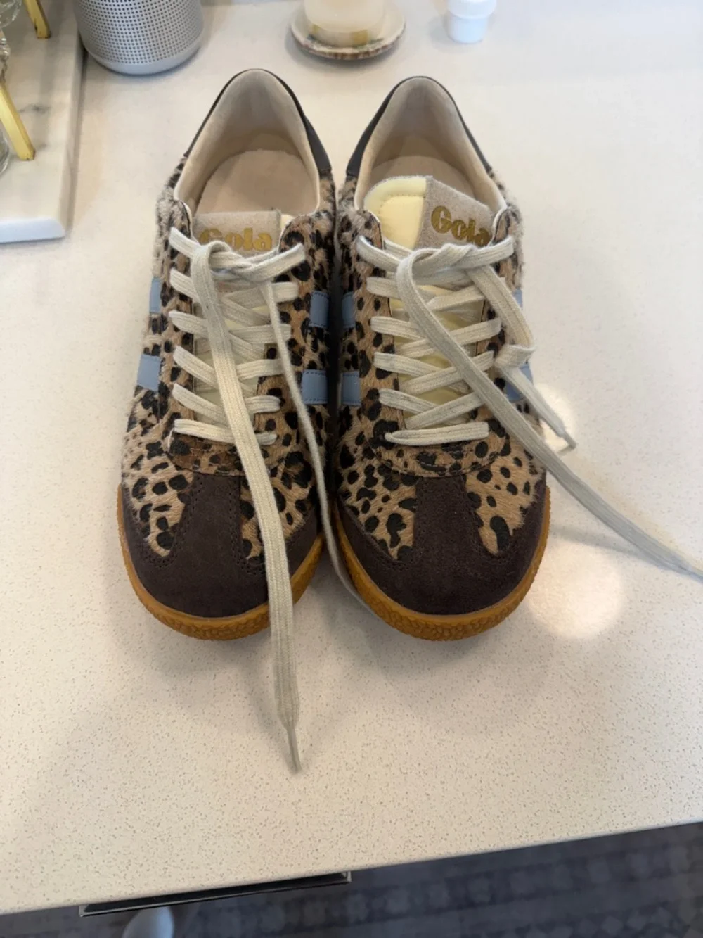 Gola Leopard Print Sneakers with Gum Soles and Light Blue Stripes - Picture 4 of 4